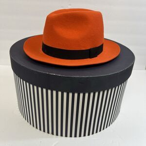 Agnoulita Handmade Wide Brim Fedora Hat Orange Felt Size 7 3/8
